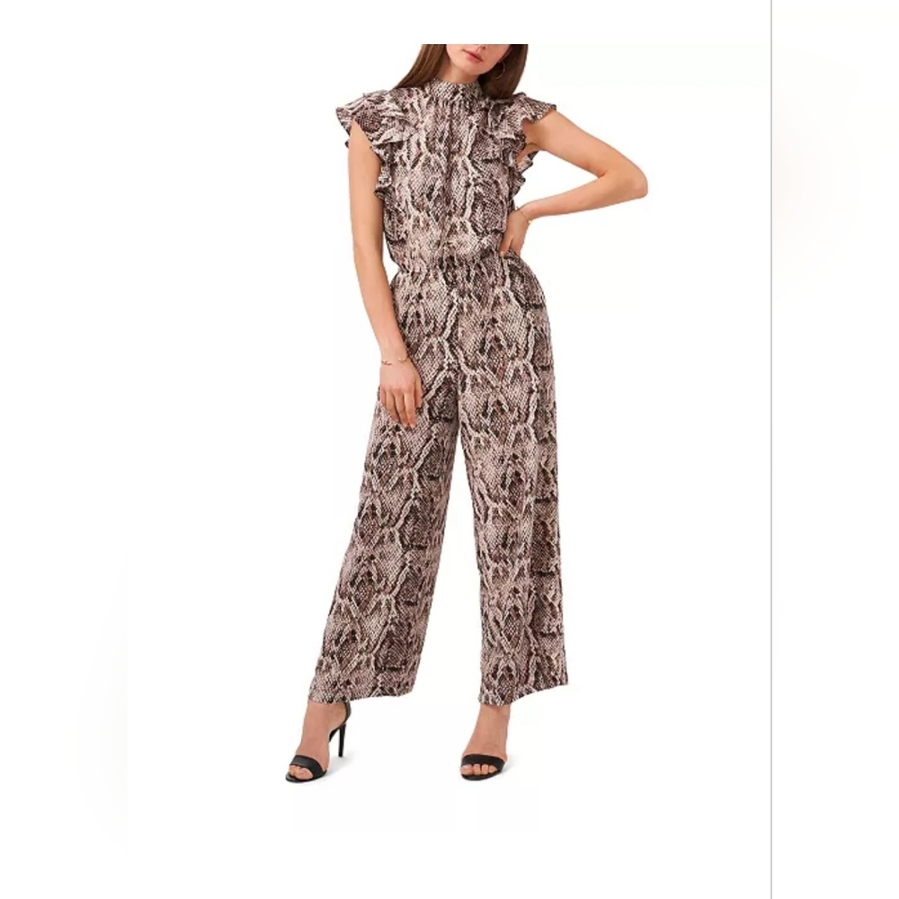 1.STATE 2X Plus Size Jumpsuit Snakesk Print Flutter Cap Sleeve Smocked Waist